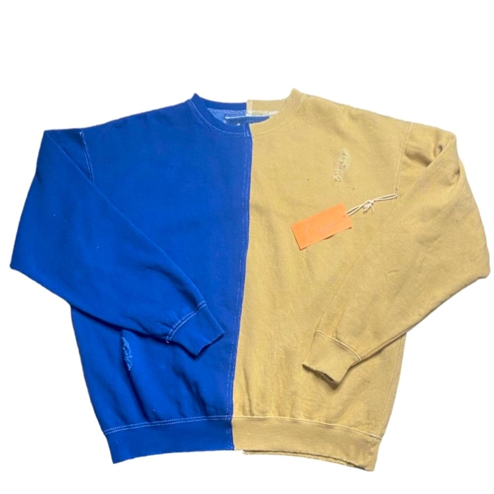 La Detresse Half/Half Colorblock Distressed Sweatshirt in Navy Blue and Tan NWT